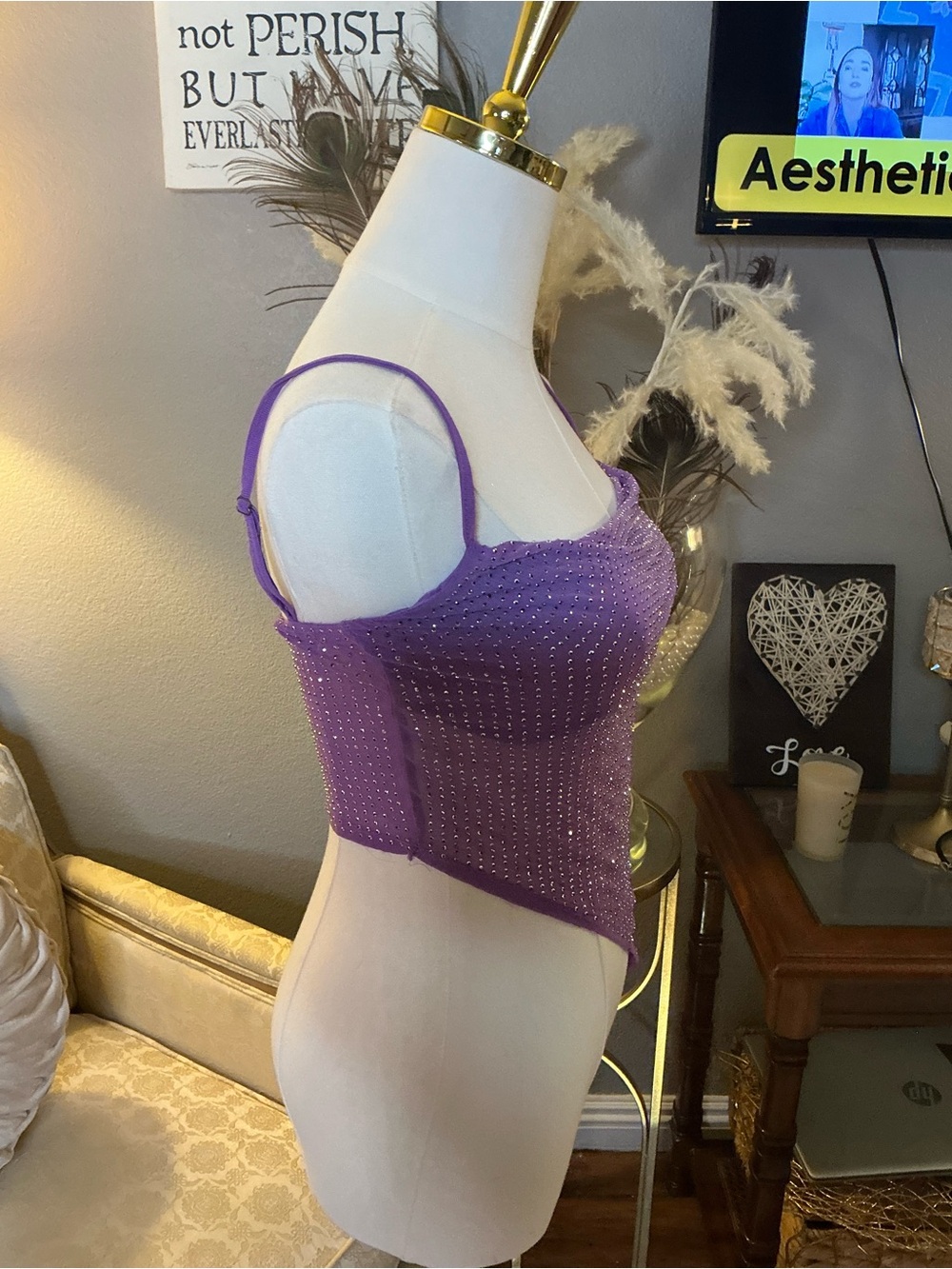🧚‍♂️Y2K Lavender Rhinestone Asymmetrical Festival Handerchief Top Fairy Festival - Picture 7 of 10